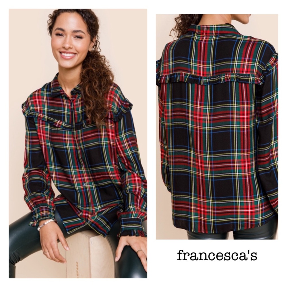 New Francesca’s Collections Raleigh Plaid Ruttled Button Down Top - Picture 2 of 4